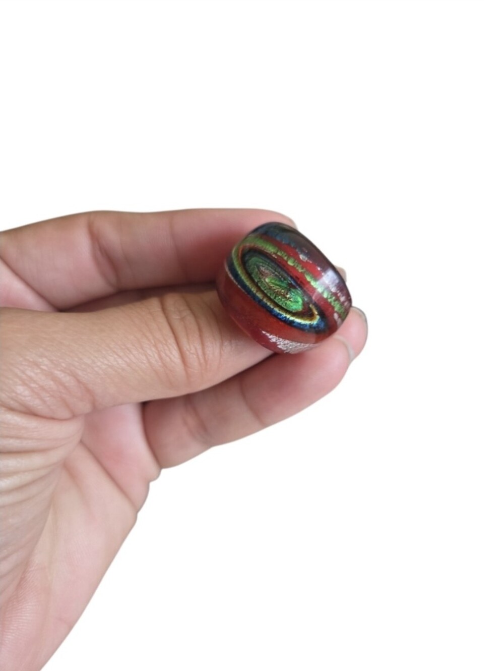 Vintage 7.5 Swirling Red, Green, and Metallic Foil Glass Ring